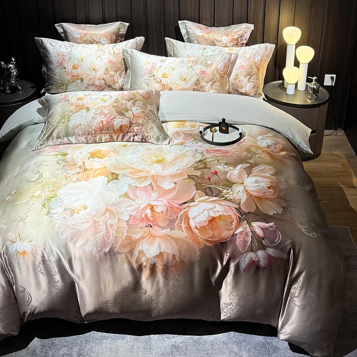 91家纺网 家纺一手货源 找家纺 七夜居 2025新款直播爆款欧式大阪轻奢贡缎提花加数码印花磨毛四件套 国色天香