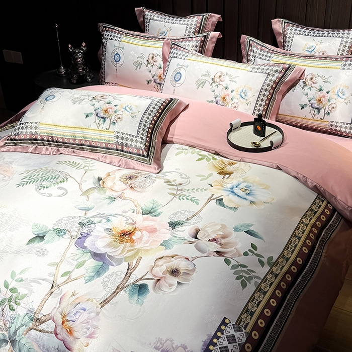 91家纺网 家纺一手货源 找家纺 七夜居 2025新款直播爆款欧式大阪轻奢贡缎提花加数码印花磨毛四件套 牡丹亭-芙蓉玉