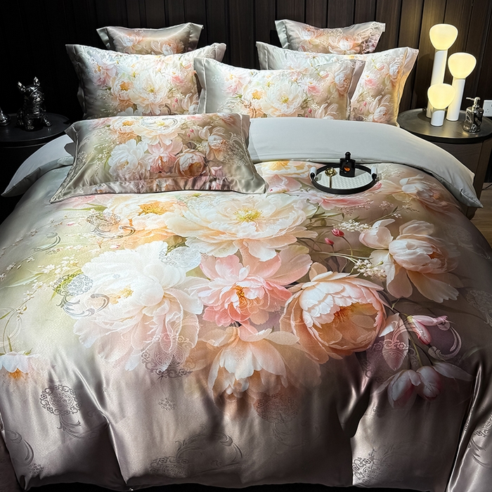 91家纺网 家纺一手货源 找家纺 七夜居 2025新款直播爆款欧式大阪轻奢贡缎提花加数码印花磨毛四件套 国色天香