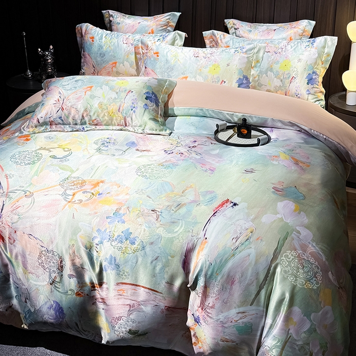 91家纺网 家纺一手货源 找家纺 七夜居 2025新款直播爆款欧式大阪轻奢贡缎提花加数码印花磨毛四件套 繁花蝶舞