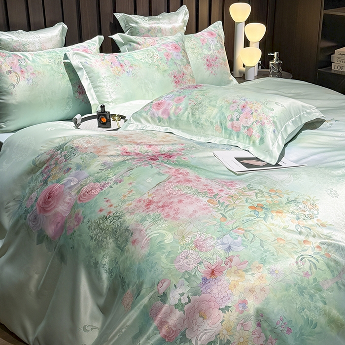 91家纺网 家纺一手货源 找家纺 七夜居 2025新款直播爆款欧式大阪轻奢贡缎提花加数码印花磨毛四件套 梦幻波尔多-绿