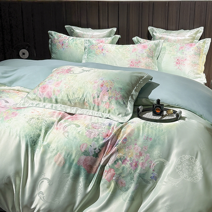 91家纺网 家纺一手货源 找家纺 七夜居 2025新款直播爆款欧式大阪轻奢贡缎提花加数码印花磨毛四件套 梦幻波尔多-绿