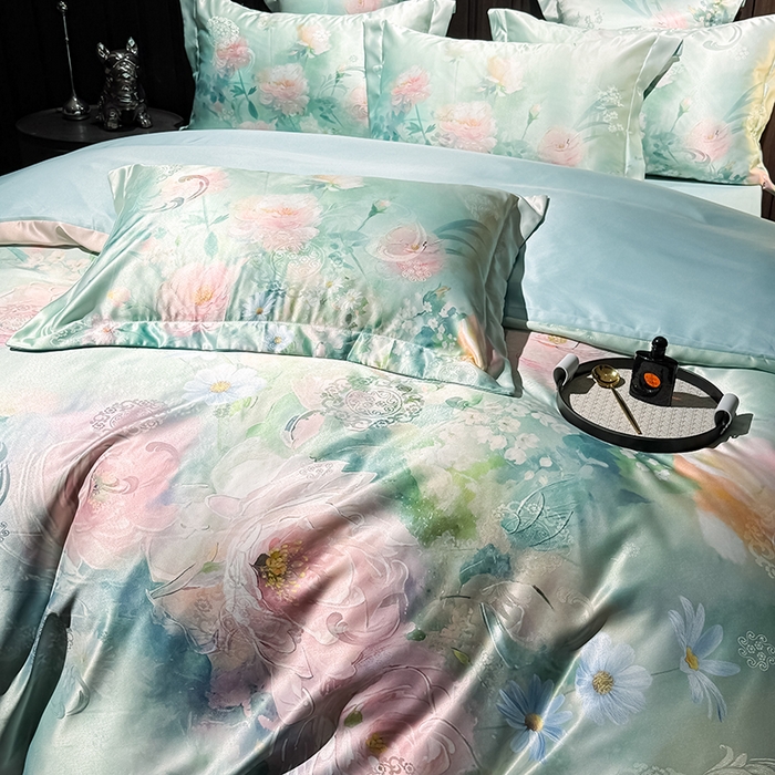 91家纺网 家纺一手货源 找家纺 七夜居 2025新款直播爆款欧式大阪轻奢贡缎提花加数码印花磨毛四件套 清雅入梦