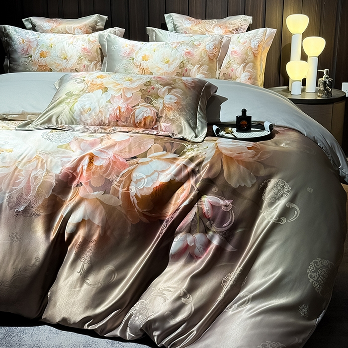 91家纺网 家纺一手货源 找家纺 七夜居 2025新款直播爆款欧式大阪轻奢贡缎提花加数码印花磨毛四件套 国色天香