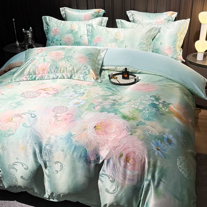 91家纺网 家纺一手货源 找家纺 七夜居 2025新款直播爆款欧式大阪轻奢贡缎提花加数码印花磨毛四件套 清雅入梦