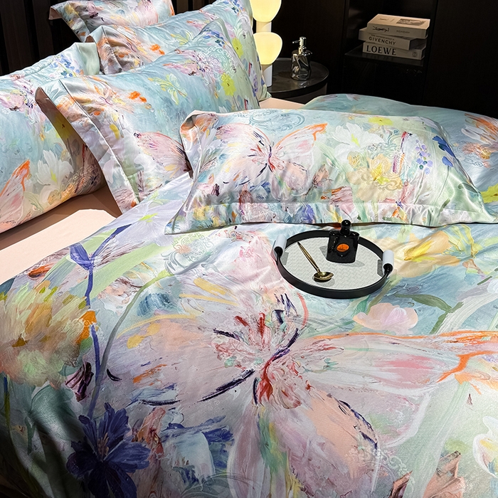 91家纺网 家纺一手货源 找家纺 七夜居 2025新款直播爆款欧式大阪轻奢贡缎提花加数码印花磨毛四件套 繁花蝶舞