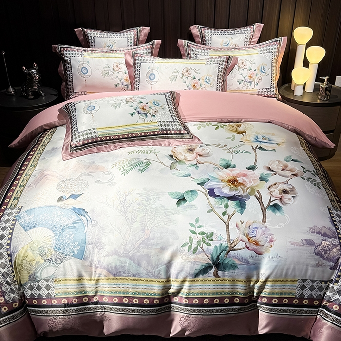 91家纺网 家纺一手货源 找家纺 七夜居 2025新款直播爆款欧式大阪轻奢贡缎提花加数码印花磨毛四件套 牡丹亭-芙蓉玉