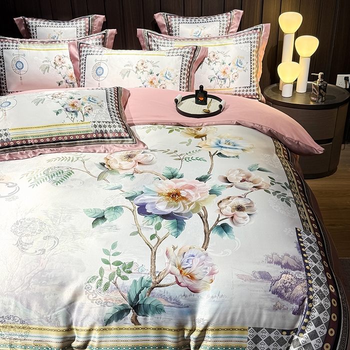 91家纺网 家纺一手货源 找家纺 七夜居 2025新款直播爆款欧式大阪轻奢贡缎提花加数码印花磨毛四件套 牡丹亭-芙蓉玉