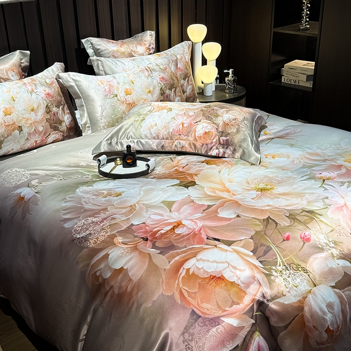 91家纺网 家纺一手货源 找家纺 七夜居 2025新款直播爆款欧式大阪轻奢贡缎提花加数码印花磨毛四件套 国色天香