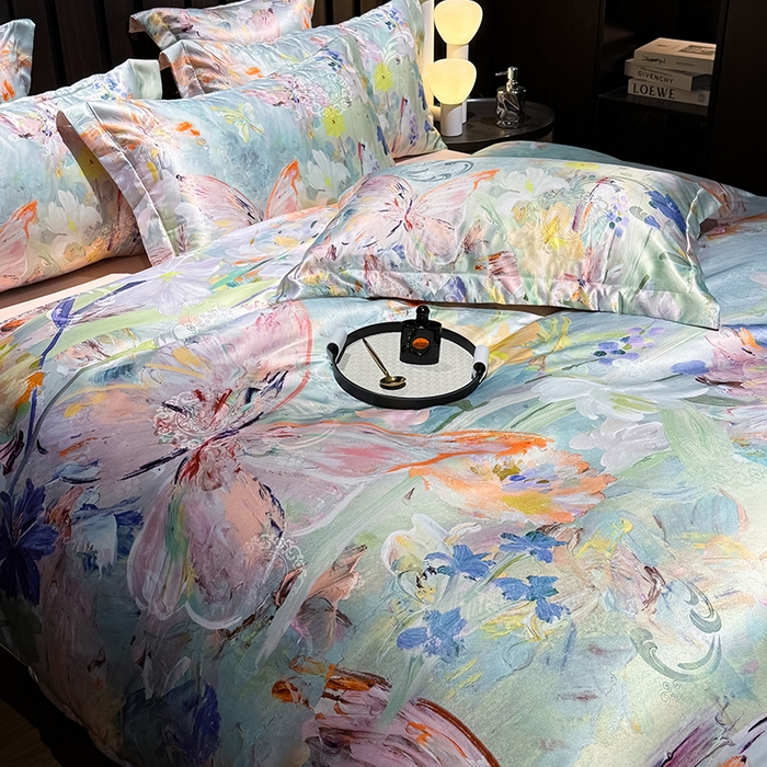 91家纺网 家纺一手货源 找家纺 七夜居 2025新款直播爆款欧式大阪轻奢贡缎提花加数码印花磨毛四件套 繁花蝶舞