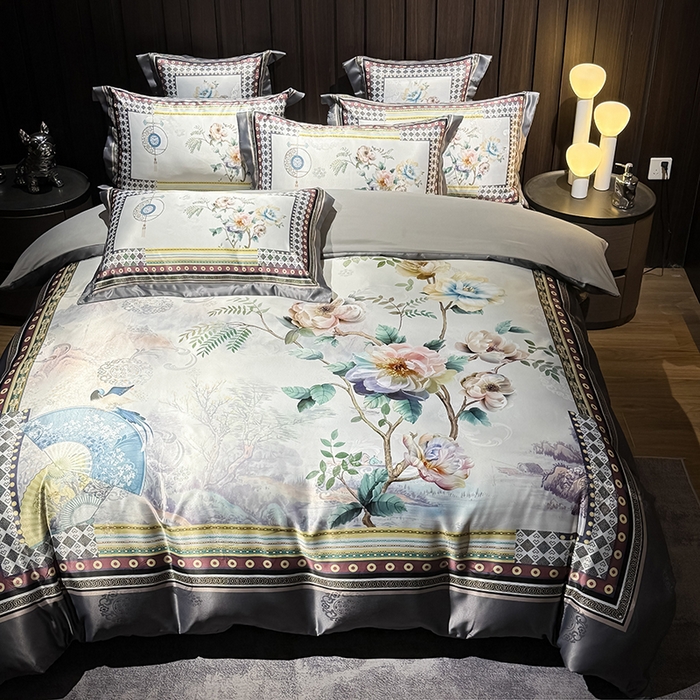 91家纺网 家纺一手货源 找家纺 七夜居 2025新款直播爆款欧式大阪轻奢贡缎提花加数码印花磨毛四件套 牡丹亭-霜灰