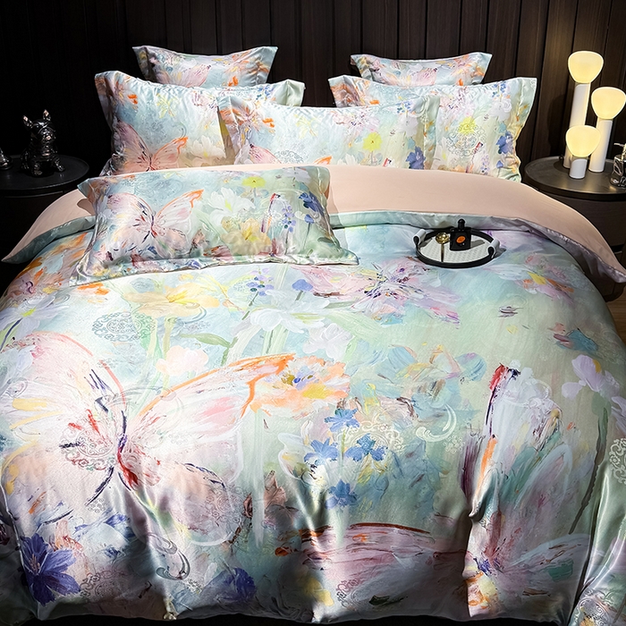 91家纺网 家纺一手货源 找家纺 七夜居 2025新款直播爆款欧式大阪轻奢贡缎提花加数码印花磨毛四件套 繁花蝶舞