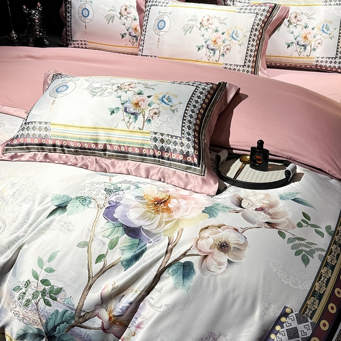 91家纺网 家纺一手货源 找家纺 七夜居 2025新款直播爆款欧式大阪轻奢贡缎提花加数码印花磨毛四件套 牡丹亭-芙蓉玉