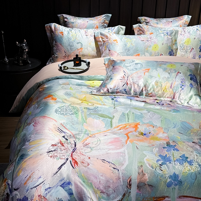 91家纺网 家纺一手货源 找家纺 七夜居 2025新款直播爆款欧式大阪轻奢贡缎提花加数码印花磨毛四件套 繁花蝶舞