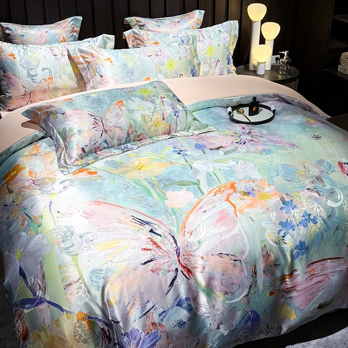 91家纺网 家纺一手货源 找家纺 七夜居 2025新款直播爆款欧式大阪轻奢贡缎提花加数码印花磨毛四件套 繁花蝶舞