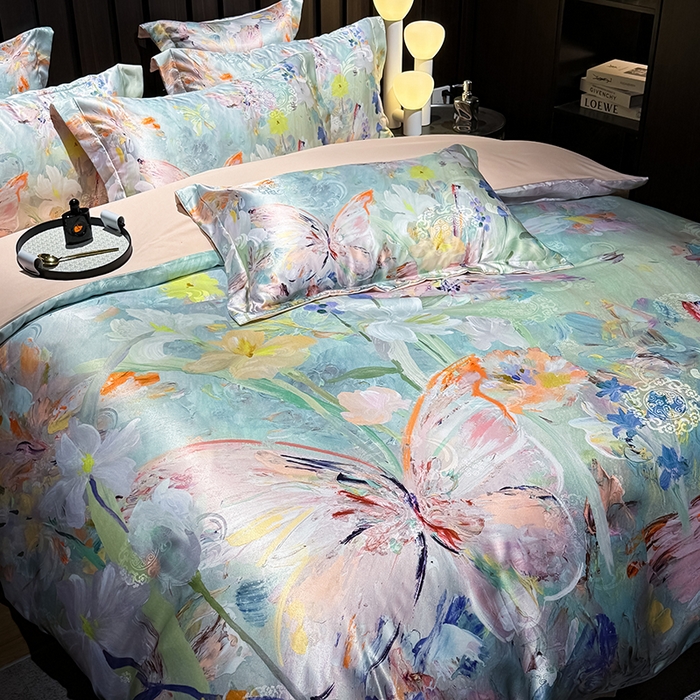 91家纺网 家纺一手货源 找家纺 七夜居 2025新款直播爆款欧式大阪轻奢贡缎提花加数码印花磨毛四件套 繁花蝶舞