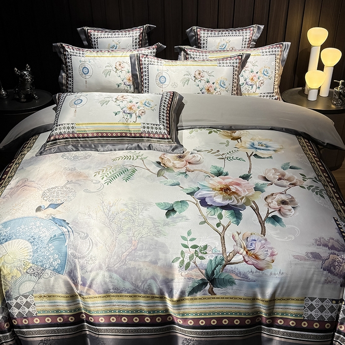 91家纺网 家纺一手货源 找家纺 七夜居 2025新款直播爆款欧式大阪轻奢贡缎提花加数码印花磨毛四件套 牡丹亭-霜灰