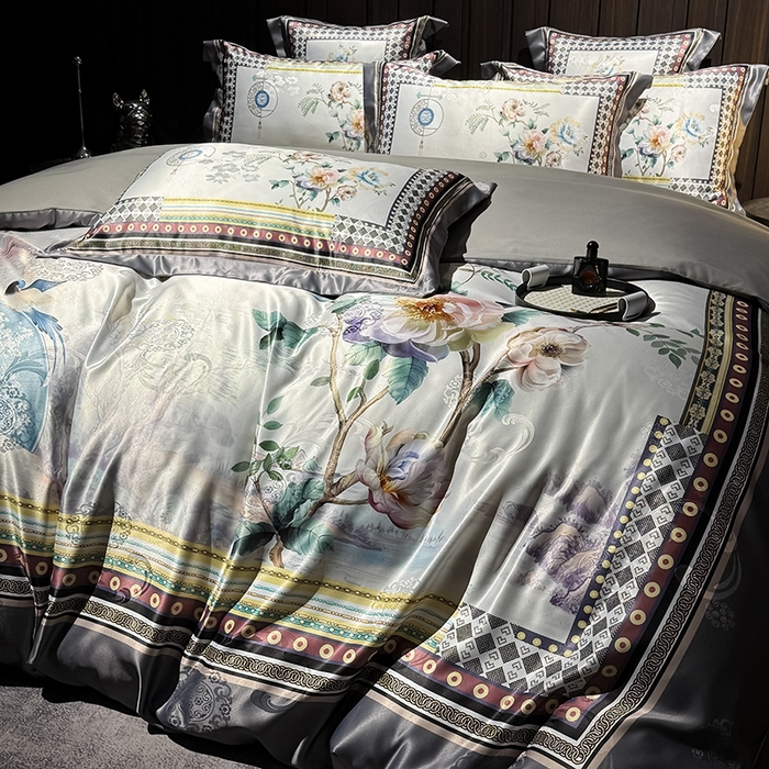 91家纺网 家纺一手货源 找家纺 七夜居 2025新款直播爆款欧式大阪轻奢贡缎提花加数码印花磨毛四件套 牡丹亭-霜灰