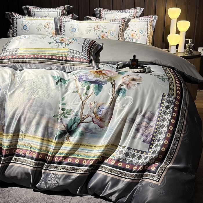 91家纺网 家纺一手货源 找家纺 七夜居 2025新款直播爆款欧式大阪轻奢贡缎提花加数码印花磨毛四件套 牡丹亭-霜灰