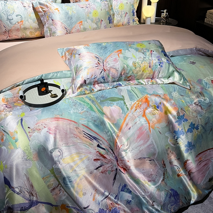 91家纺网 家纺一手货源 找家纺 七夜居 2025新款直播爆款欧式大阪轻奢贡缎提花加数码印花磨毛四件套 繁花蝶舞