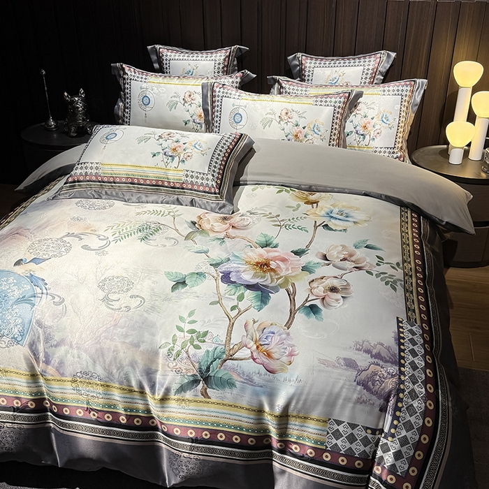 91家纺网 家纺一手货源 找家纺 七夜居 2025新款直播爆款欧式大阪轻奢贡缎提花加数码印花磨毛四件套 牡丹亭-霜灰