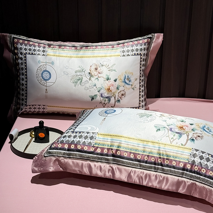 91家纺网 家纺一手货源 找家纺 七夜居 2025新款直播爆款欧式大阪轻奢贡缎提花加数码印花磨毛四件套 牡丹亭-芙蓉玉