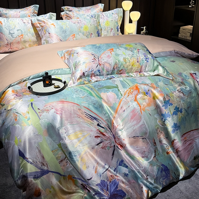 91家纺网 家纺一手货源 找家纺 七夜居 2025新款直播爆款欧式大阪轻奢贡缎提花加数码印花磨毛四件套 繁花蝶舞