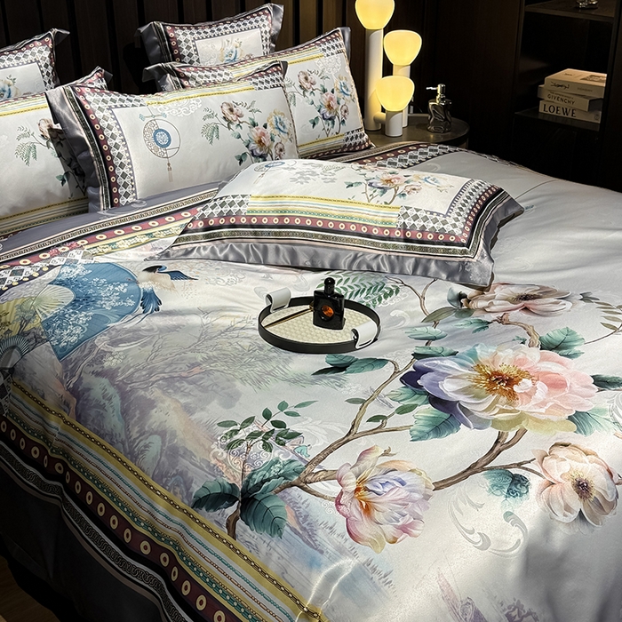 91家纺网 家纺一手货源 找家纺 七夜居 2025新款直播爆款欧式大阪轻奢贡缎提花加数码印花磨毛四件套 牡丹亭-霜灰