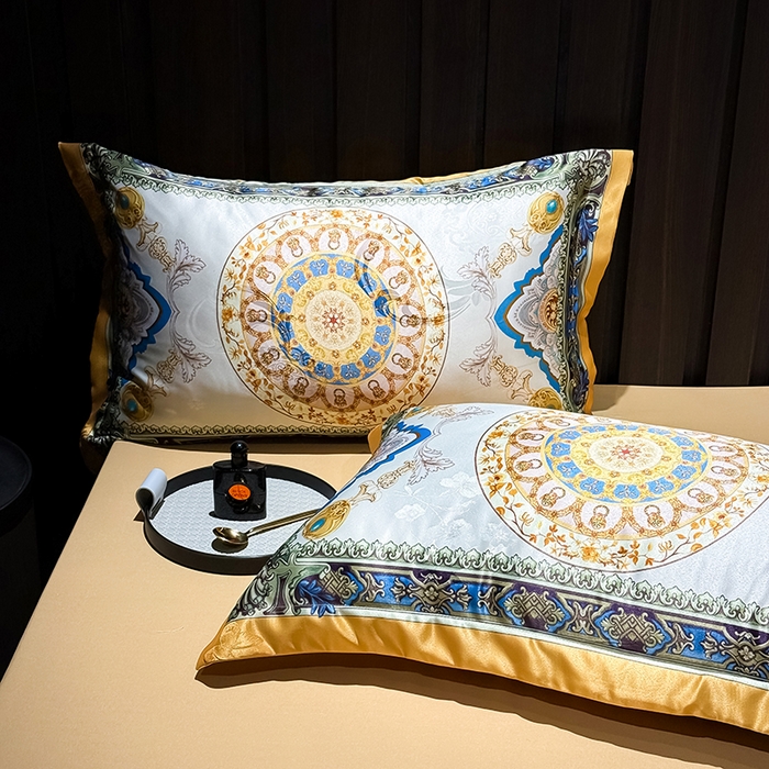 91家纺网 家纺一手货源 找家纺 七夜居 2025新款直播爆款欧式大阪轻奢贡缎提花加数码印花磨毛四件套 凯撒圣殿-象牙金