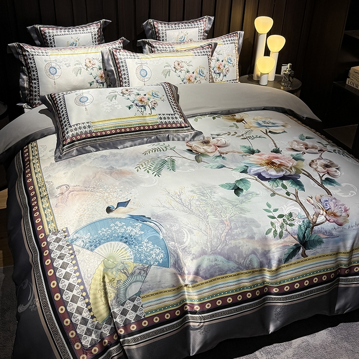 91家纺网 家纺一手货源 找家纺 七夜居 2025新款直播爆款欧式大阪轻奢贡缎提花加数码印花磨毛四件套 牡丹亭-霜灰