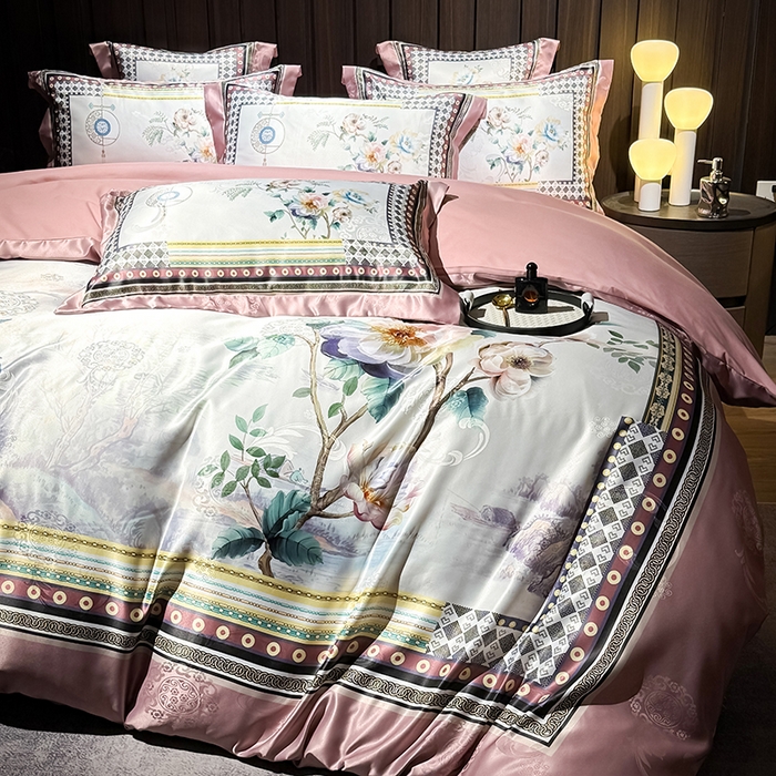 91家纺网 家纺一手货源 找家纺 七夜居 2025新款直播爆款欧式大阪轻奢贡缎提花加数码印花磨毛四件套 牡丹亭-芙蓉玉