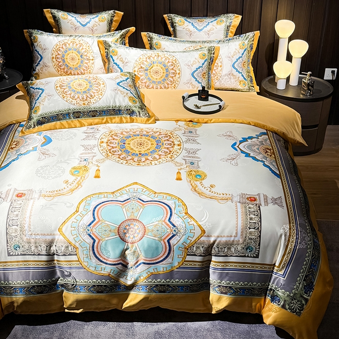 91家纺网 家纺一手货源 找家纺 七夜居 2025新款直播爆款欧式大阪轻奢贡缎提花加数码印花磨毛四件套 凯撒圣殿-象牙金