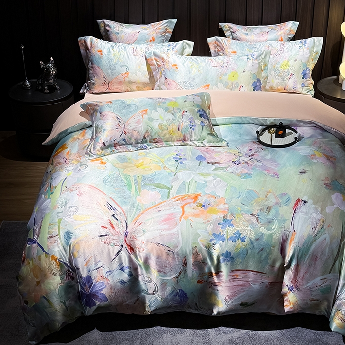 91家纺网 家纺一手货源 找家纺 七夜居 2025新款直播爆款欧式大阪轻奢贡缎提花加数码印花磨毛四件套 繁花蝶舞