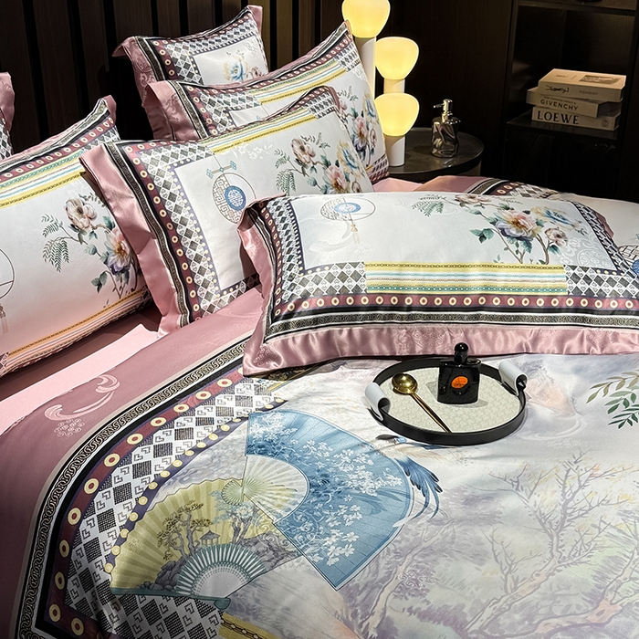 91家纺网 家纺一手货源 找家纺 七夜居 2025新款直播爆款欧式大阪轻奢贡缎提花加数码印花磨毛四件套 牡丹亭-芙蓉玉