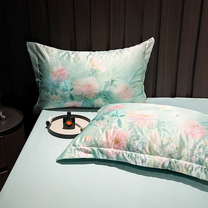 91家纺网 家纺一手货源 找家纺 七夜居 2025新款直播爆款欧式大阪轻奢贡缎提花加数码印花磨毛四件套 清雅入梦