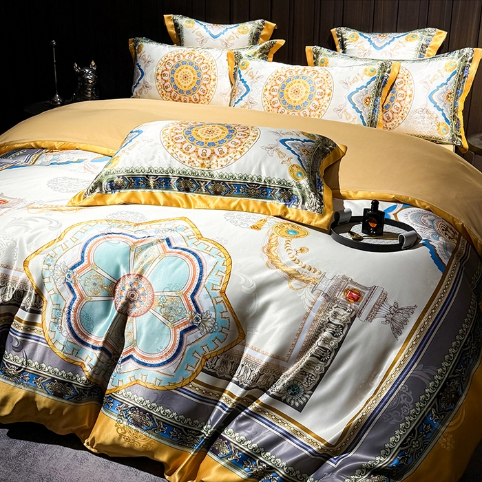 91家纺网 家纺一手货源 找家纺 七夜居 2025新款直播爆款欧式大阪轻奢贡缎提花加数码印花磨毛四件套 凯撒圣殿-象牙金