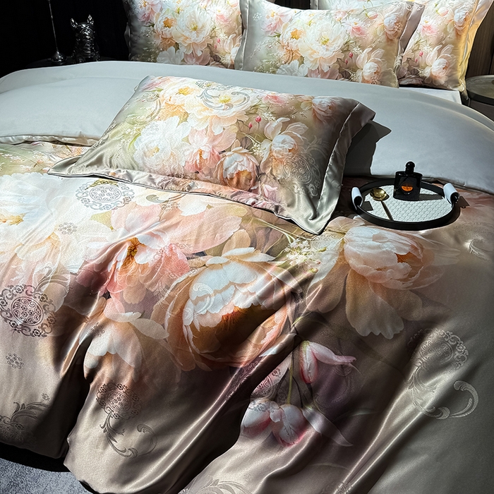 91家纺网 家纺一手货源 找家纺 七夜居 2025新款直播爆款欧式大阪轻奢贡缎提花加数码印花磨毛四件套 国色天香