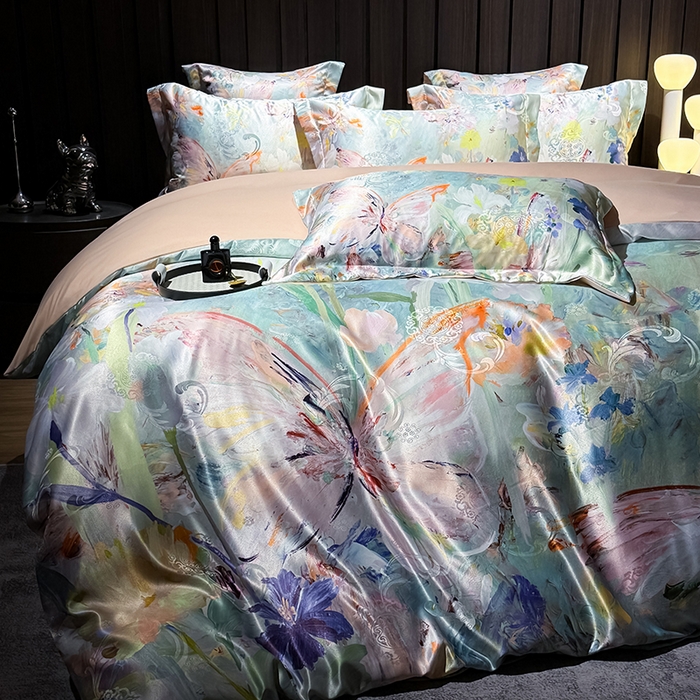 91家纺网 家纺一手货源 找家纺 七夜居 2025新款直播爆款欧式大阪轻奢贡缎提花加数码印花磨毛四件套 繁花蝶舞