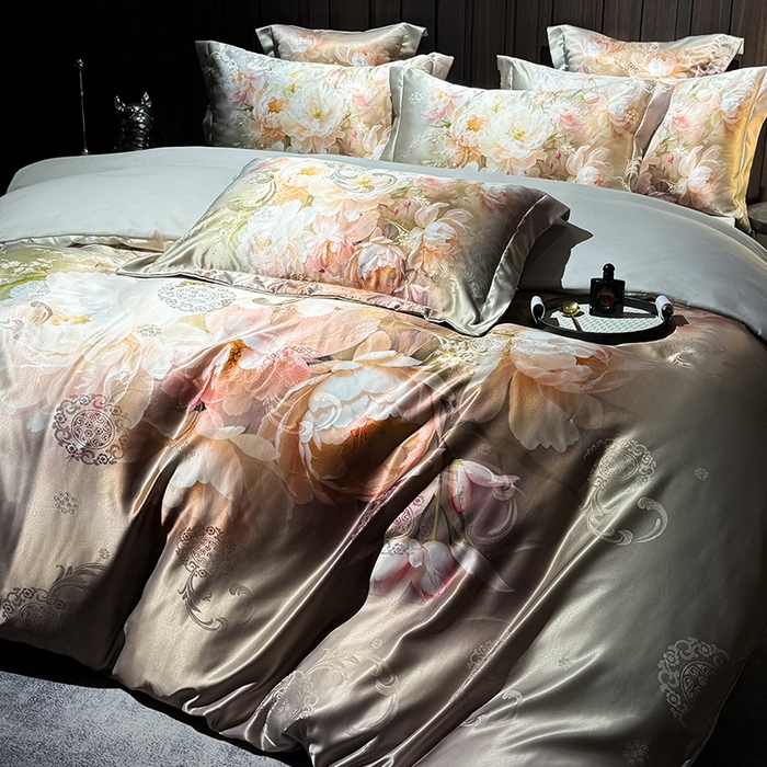 91家纺网 家纺一手货源 找家纺 七夜居 2025新款直播爆款欧式大阪轻奢贡缎提花加数码印花磨毛四件套 国色天香