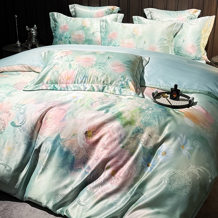 91家纺网 家纺一手货源 找家纺 七夜居 2025新款直播爆款欧式大阪轻奢贡缎提花加数码印花磨毛四件套 清雅入梦