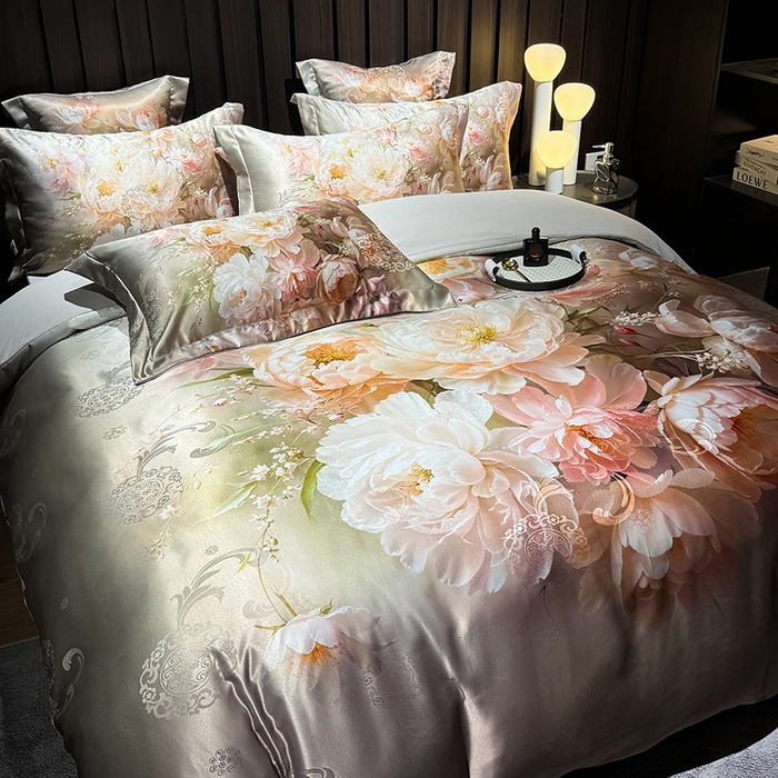 91家纺网 家纺一手货源 找家纺 七夜居 2025新款直播爆款欧式大阪轻奢贡缎提花加数码印花磨毛四件套 国色天香