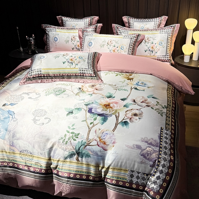 91家纺网 家纺一手货源 找家纺 七夜居 2025新款直播爆款欧式大阪轻奢贡缎提花加数码印花磨毛四件套 牡丹亭-芙蓉玉