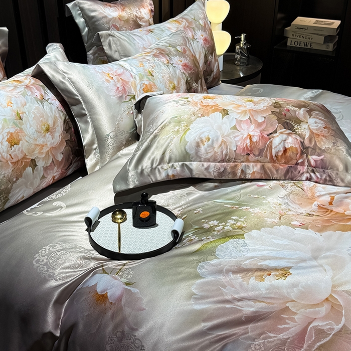 91家纺网 家纺一手货源 找家纺 七夜居 2025新款直播爆款欧式大阪轻奢贡缎提花加数码印花磨毛四件套 国色天香