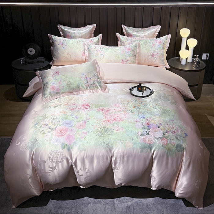 七夜居 2025新款直播爆款欧式大阪轻奢贡缎提花加数码印花磨毛四件套 梦幻波尔多-粉