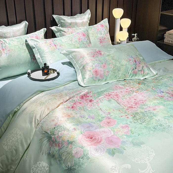 91家纺网 家纺一手货源 找家纺 七夜居 2025新款直播爆款欧式大阪轻奢贡缎提花加数码印花磨毛四件套 梦幻波尔多-绿