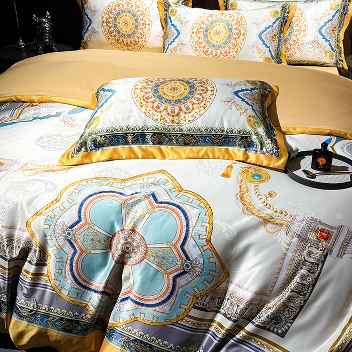 91家纺网 家纺一手货源 找家纺 七夜居 2025新款直播爆款欧式大阪轻奢贡缎提花加数码印花磨毛四件套 凯撒圣殿-象牙金