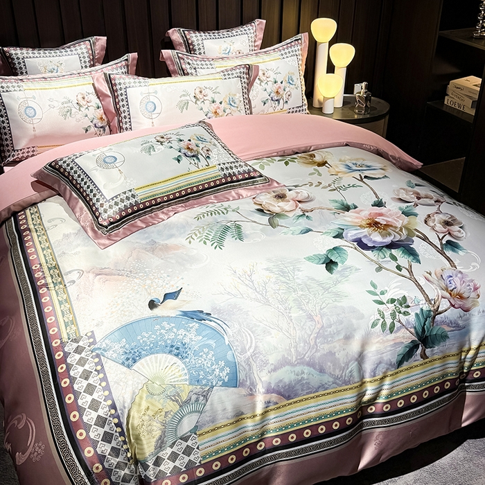 91家纺网 家纺一手货源 找家纺 七夜居 2025新款直播爆款欧式大阪轻奢贡缎提花加数码印花磨毛四件套 牡丹亭-芙蓉玉