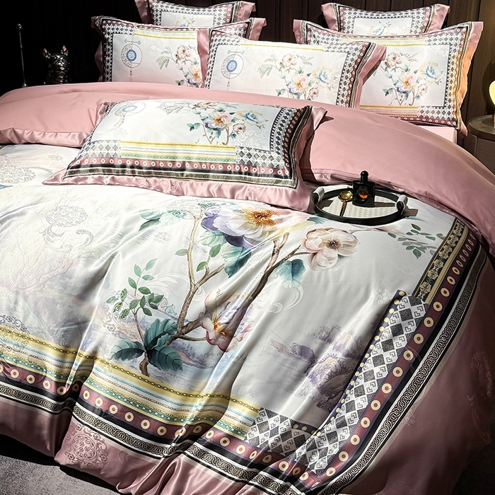 91家纺网 家纺一手货源 找家纺 七夜居 2025新款直播爆款欧式大阪轻奢贡缎提花加数码印花磨毛四件套 牡丹亭-芙蓉玉