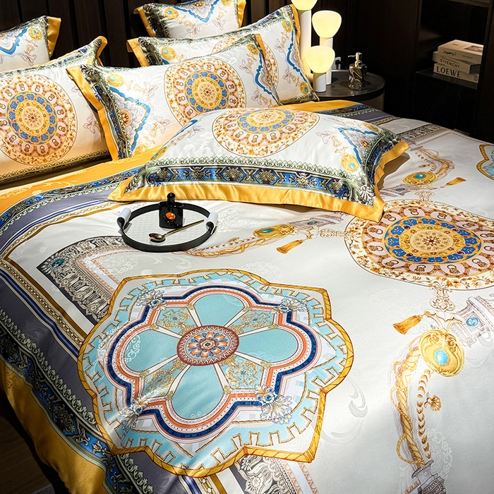 91家纺网 家纺一手货源 找家纺 七夜居 2025新款直播爆款欧式大阪轻奢贡缎提花加数码印花磨毛四件套 凯撒圣殿-象牙金