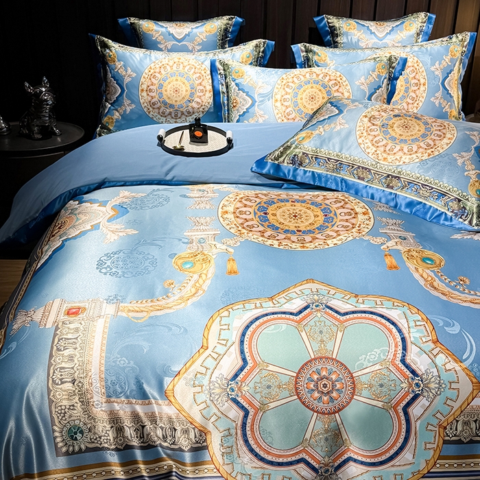 91家纺网 家纺一手货源 找家纺 七夜居 2025新款直播爆款欧式大阪轻奢贡缎提花加数码印花磨毛四件套 凯撒圣殿-帝王蓝